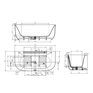 Maattekening 1 Xenz Mauro Solid Surface half-vrijstaand bad 170x82 wit mat