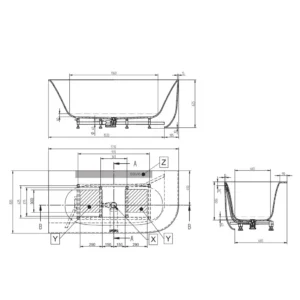 Maattekening 1 Xenz Mauro Solid Surface hoekbad rechts 171x82 wit mat/grijs
