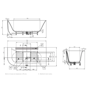 Maattekening 1 Xenz Mauro Solid Surface hoekbad links 171x82 wit mat/grafiet