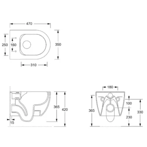 Maattekening 1 Xenz Gio rim free wandcloset verkort 47 cm, met vortexspoeling wit mat