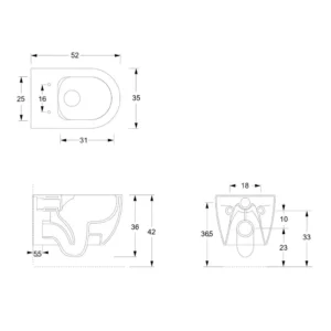 Maattekening 1 Xenz Gio rim free wandcloset 52 cm diep, met vortexspoeling rose