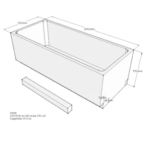 Maattekening 1 Xenz PS Baddrager voor Aruba 170x75x57