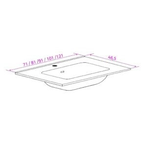 Maattekening 1 Xenz Nook keramisch wastafelblad 71x46,5 glans wit, 1 kraangat