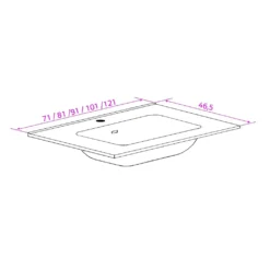 Maattekening 1 Xenz Nook keramisch wastafelblad 101x46,5 glans wit, 1 kraangat