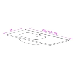Maattekening 1 Xenz Nook keramisch wastafelblad 115x46 glans wit, kom links, 1 kraangat