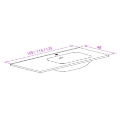 Maattekening 1 Xenz Nook keramisch wastafelblad 105x46 glans wit, kom rechts, 1 kraangat
