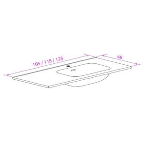 Maattekening 1 Xenz Nook keramisch wastafelblad 125x46 glans wit, kom rechts, 1 kraangat