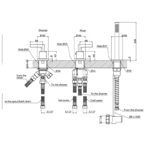 Maattekening 1 Xenz Duero - 3 gats badrandcombinatie thermostatisch PVD coating brons
