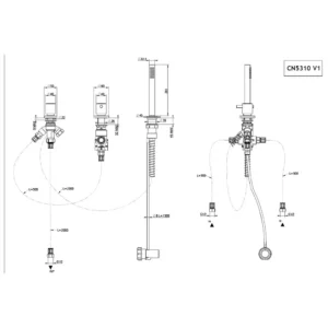 Maattekening 1 Xenz Duero - 3 gats badrandcombinatie thermostatisch goud geborsteld v1