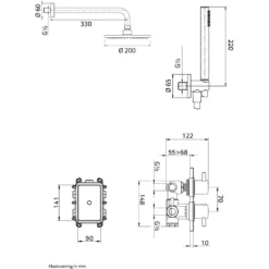 Maattekening 1 Xenz Duero - Douche inbouwset PVD grafiet incl. Tec-Box