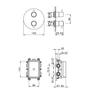 Maattekening 1 Xenz Duero - basisset: inbouwthermostaat en doucheslang PVD grafiet incl. Tec-Box