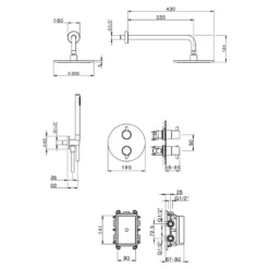 Maattekening 1 Xenz Duero - Douche inbouwset met staaf- en regendouche 20 cm inox. incl. tecbox