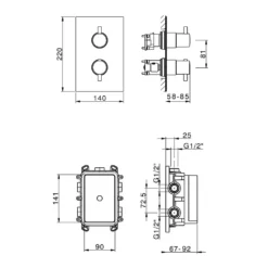 Maattekening 1 Xenz Duero - basisset: inbouwthermostaat en doucheslang inox. incl. tecbox