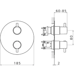 Maattekening 1 Xenz Duero - inbouwthermostaat met 2/3 uitgangen zwart mat incl. Tec-Box