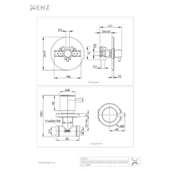 Maattekening 1 Xenz Duero - High flow thermostatische douche inbouwset met 2 stopkranen, PVD grafiet