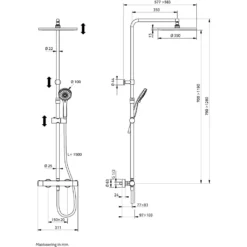 Maattekening 1 Xenz Duero - Thermostatisch opbouw doucheset telescopisch chroom
