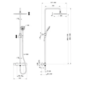 Maattekening 1 Xenz Duero - Thermostatisch opbouw doucheset telescopisch goud geborsteld