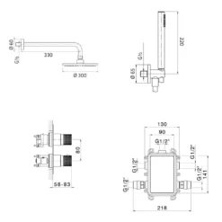 Maattekening 1 Xenz Esla - Douche inbouwset thermostatisch, PVD coating, brons incl. Tec-Box
