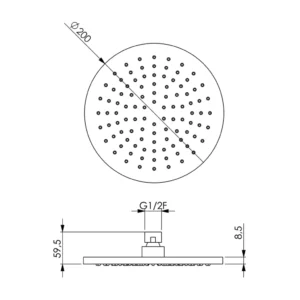 Maattekening 1 Xenz regendouche 20 voor set inox (=7576-IN)