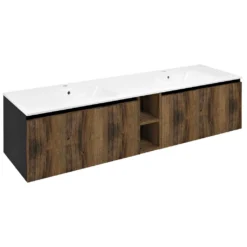 afbeelding 1 Sapho Lorea kast met dubbele wastafel 181x46x51,5cm (80+20+80cm), eiken collingwood/zwart mat