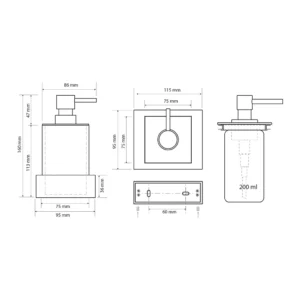 maattekening 1 Sapho X-Steel vrijstaande zeepdispenser 200ml, wit mat