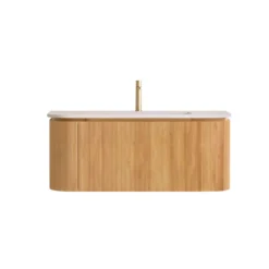 Alternative view of Lavantri Eleganza rond badmeubel met ribbelfront 100cm acacia met 1 lade en solid surface wastafel met kraangat