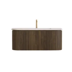 Alternative view of Lavantri Eleganza rond badmeubel met ribbelfront 100cm walnoot met 1 lade en solid surface wastafel met kraangat