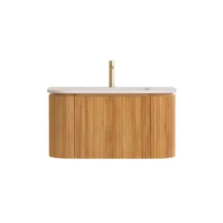 Alternative view of Lavantri Eleganza rond badmeubel met ribbelfront 80cm acacia met 1 lade en solid surface wastafel met kraangat