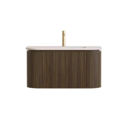 Alternative view of Lavantri Eleganza rond badmeubel met ribbelfront 80cm walnoot met 1 lade en solid surface wastafel met kraangat