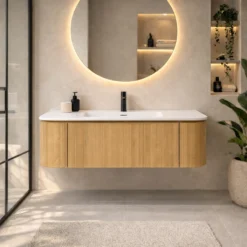 Lavantri Eleganza rond badmeubel met ribbelfront 120cm acacia met 1 lade en keramiek wastafel met kraangat