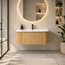 Lavantri Eleganza rond badmeubel met ribbelfront 80cm acacia met 1 lade en solid surface wastafel met kraangat