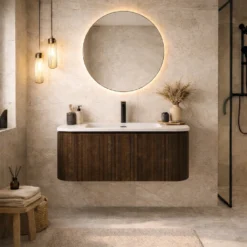 Lavantri Eleganza rond badmeubel met ribbelfront 80cm walnoot met 1 lade en solid surface wastafel met kraangat