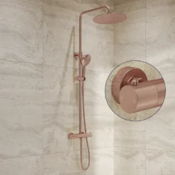 Afbeelding 1 Saniclear Evolution Curved opbouw regendouche geborsteld koper met 30cm hoofddouche en 2 standen handdouche