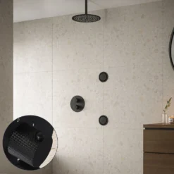 Afbeelding 1 Saniclear Nero Curved inbouw regendouche 20cm met ronde massagejets en plafondarm zwart mat