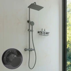 Afbeelding 1 Saniclear Vision Curved opbouw regendouche met 20x30cm hoofddouche verouderd ijzer - gunmetal