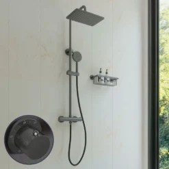Afbeelding 1 Saniclear Vision Curved Pro opbouw regendouche met 20x30cm hoofddouche verouderd ijzer - gunmetal