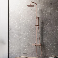Afbeelding 1 Saniclear Copper complete opbouw 20cm regendouche met thermostaatkraan geborsteld koper