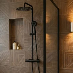 Afbeelding 1 Saniclear Nero mat zwart opbouw regendouche 20cm met thermostaatkraan en 3 standen handdouche