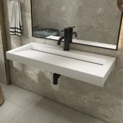 Afbeelding 1 Saniclear Hoya solid surface wastafel 100x45,5cm met kraangat mat wit