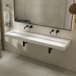 Afbeelding 1 Saniclear Hoya solid surface wastafel 140x45,5cm zonder kraangat mat wit