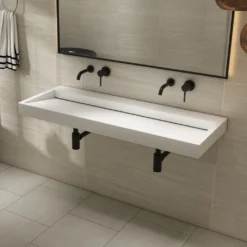 Afbeelding 1 Saniclear Hoya solid surface wastafel 120x45,5cm zonder kraangat mat wit