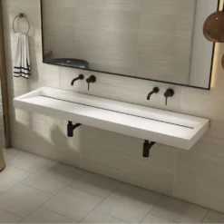 Afbeelding 1 Saniclear Hoya solid surface wastafel 160x45,5cm zonder kraangat mat wit