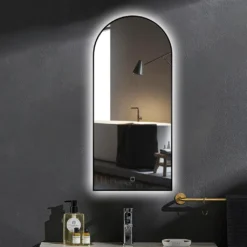 Afbeelding 1 Saniclear Arc toog spiegel met zwarte lijst 45x100cm met verlichting en verwarming