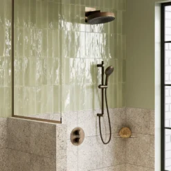 Afbeelding 1 Saniclear Evolution inbouw regendouche rond met glijstang en 2 standen handdouche verouderd messing
