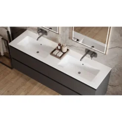 Afbeelding 1 Saniclear Cosmos fine stone wastafel dubbel 120x46cm zonder kraangaten mat wit
