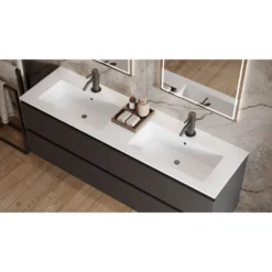 Afbeelding 1 Saniclear Cosmos fine stone wastafel dubbel 160x46cm met kraangaten mat wit
