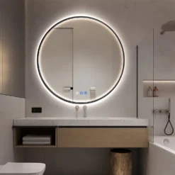Afbeelding 2 Saniclear Circle Black ronde spiegel met verwarming, direct en indirect licht mat zwart 90cm