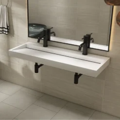Afbeelding 2 Saniclear Hoya solid surface wastafel 120x45,5cm met 2 kraangaten mat wit