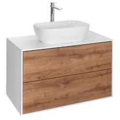 Afbeelding 1 Aqualine Zanya Wastafelonderkast 80x50x46cm, mat wit/eiken emporio