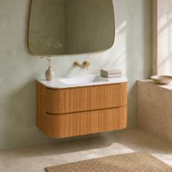 Lavantri Eleonora rond badmeubel met ribbelfront 100cm acacia met 2 lades en keramiek wastafel zonder kraangat